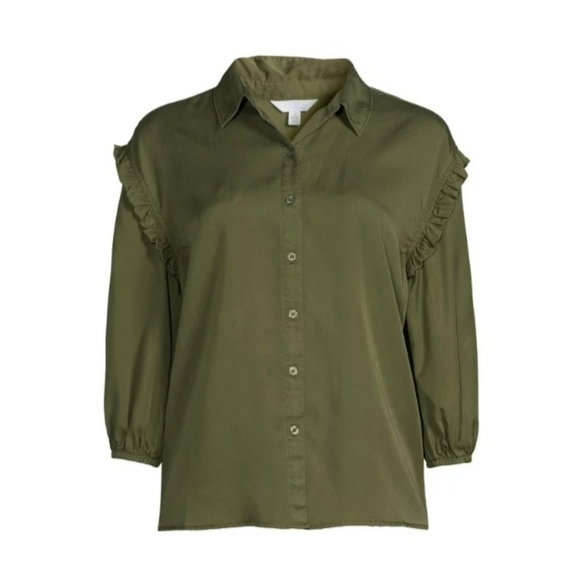 Olive Green Button-up with ruffled stiching! - Picture 7 of 7